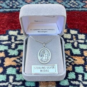 Archangel Gabriel Sterling Silver Oval Religious Medal Necklace 18” Lite Chain